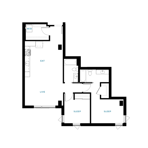 Floor plan for 2 beds, 2 baths, 992 sqft